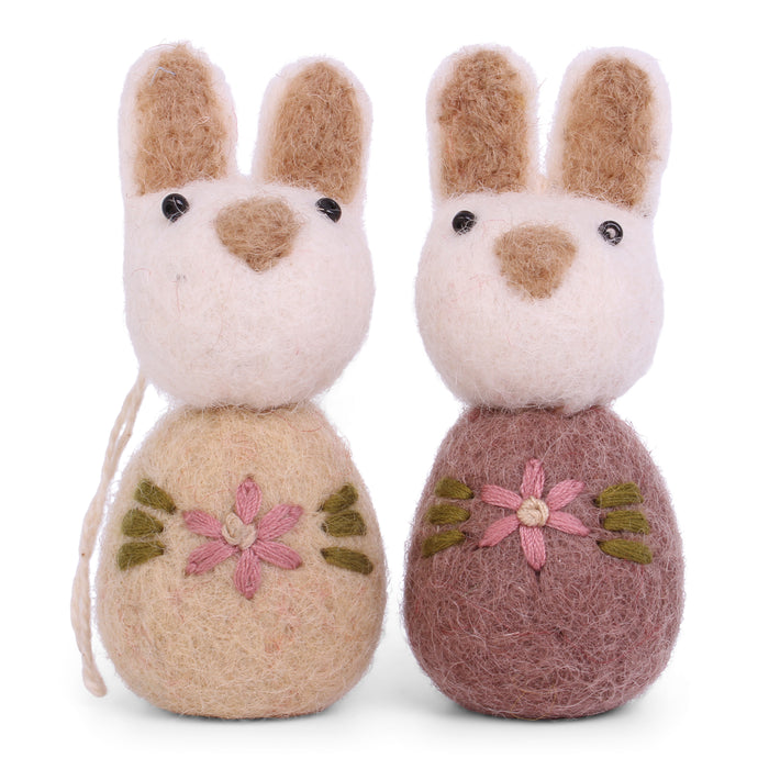 Weiße Osterhäschen, lila mit Stickerei, hängend, 2er Set, 7,5cm